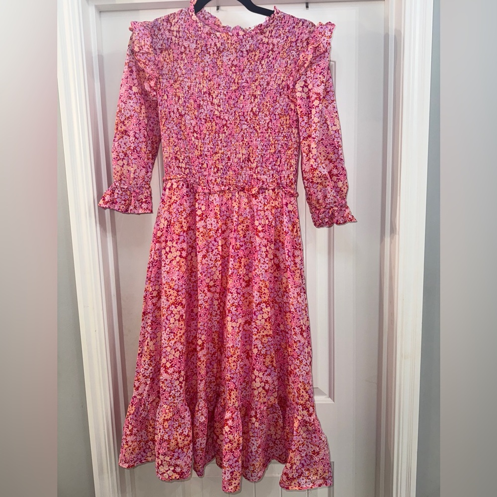 Karlie, Smocked Bodice, Ruffle Floral Pink Midi Dress (M)